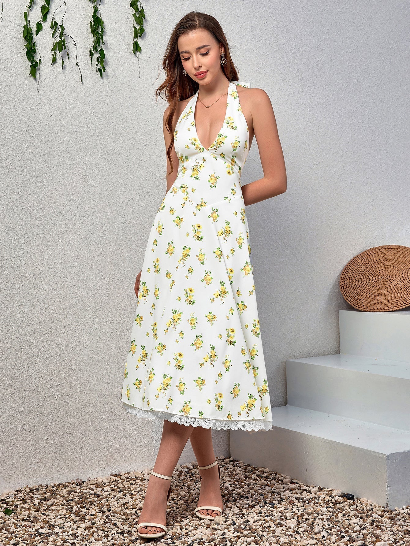 Floral Halter Neck Deep V-Neck Lace Trim Fit and Flare Midi Dress