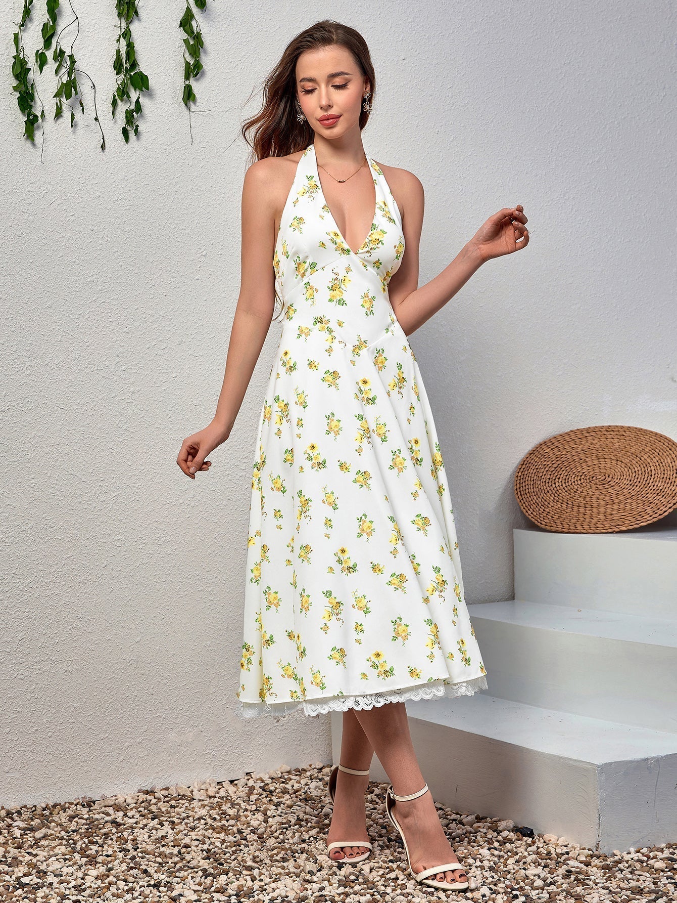 Floral Halter Neck Deep V-Neck Lace Trim Fit and Flare Midi Dress
