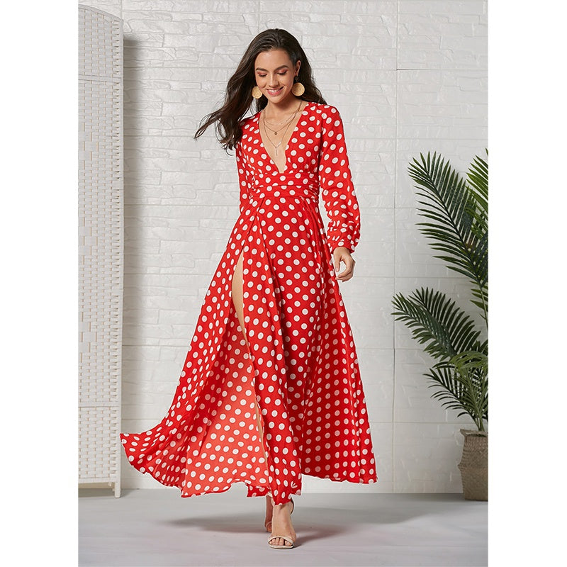 Deep V Neck Long Sleeve Dresses Dot Print Large Swing Slit Hem Dress