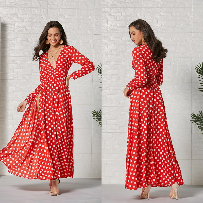 Deep V Neck Long Sleeve Dresses Dot Print Large Swing Slit Hem Dress