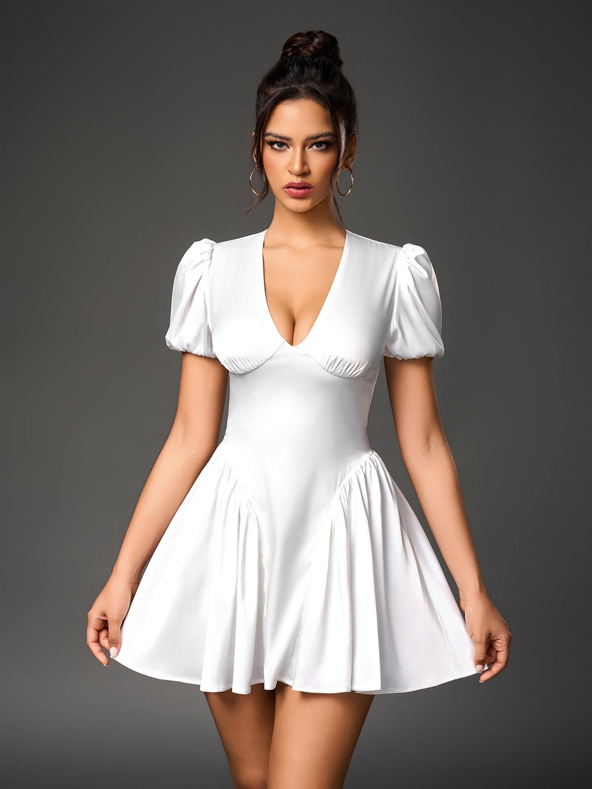 Satin Deep V-Neck Short Puff Sleeve Fit and Flare Mini Dress
