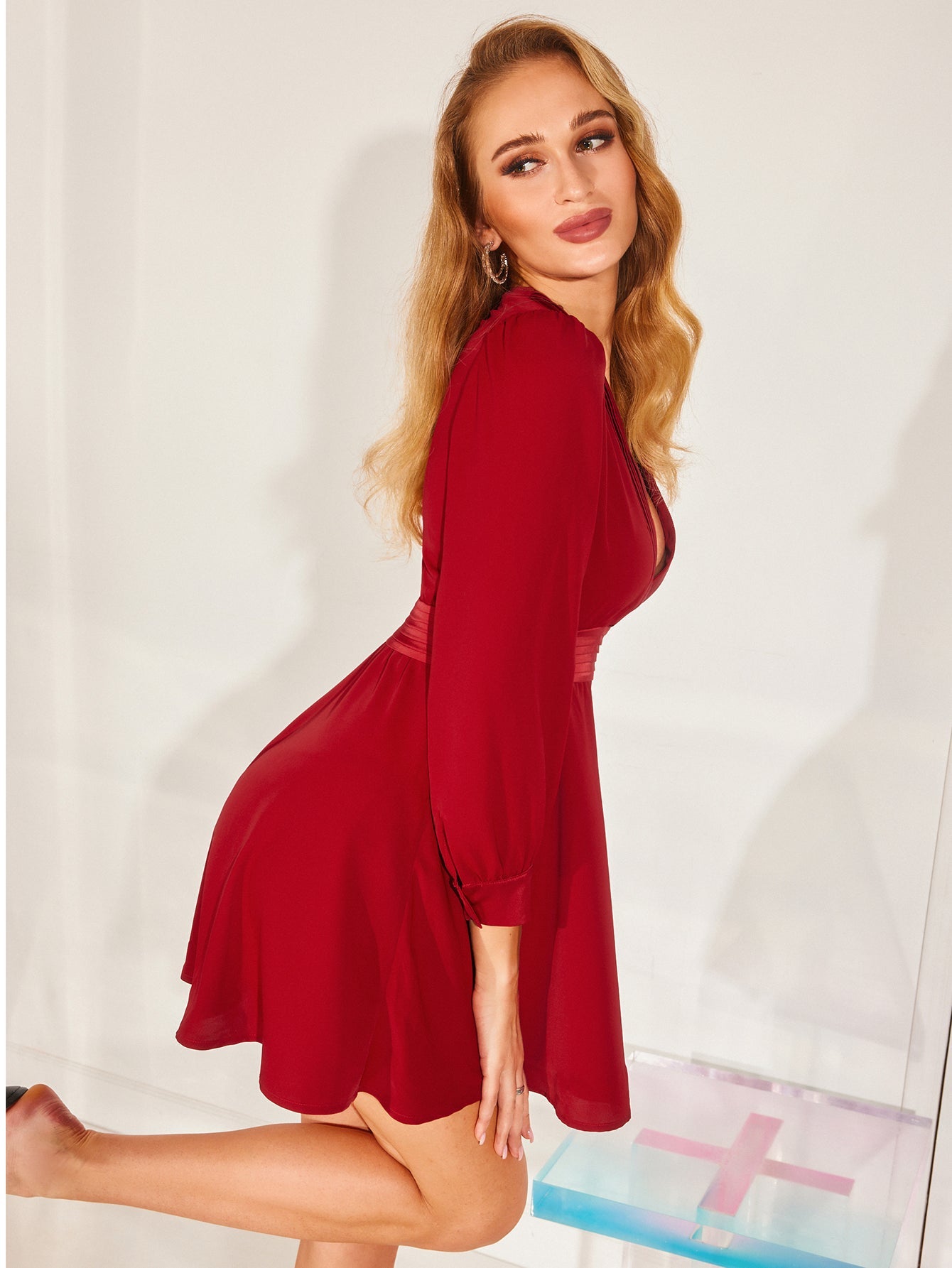 Deep V Neck Ruffle Hem Dress