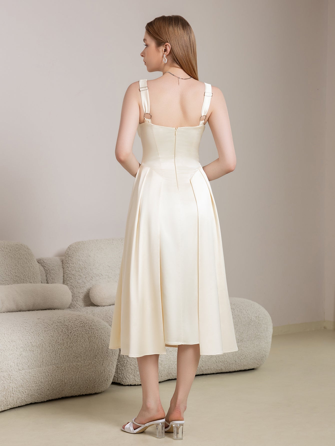 Deep V-Neck Satin Prom Midi Dress - View 2