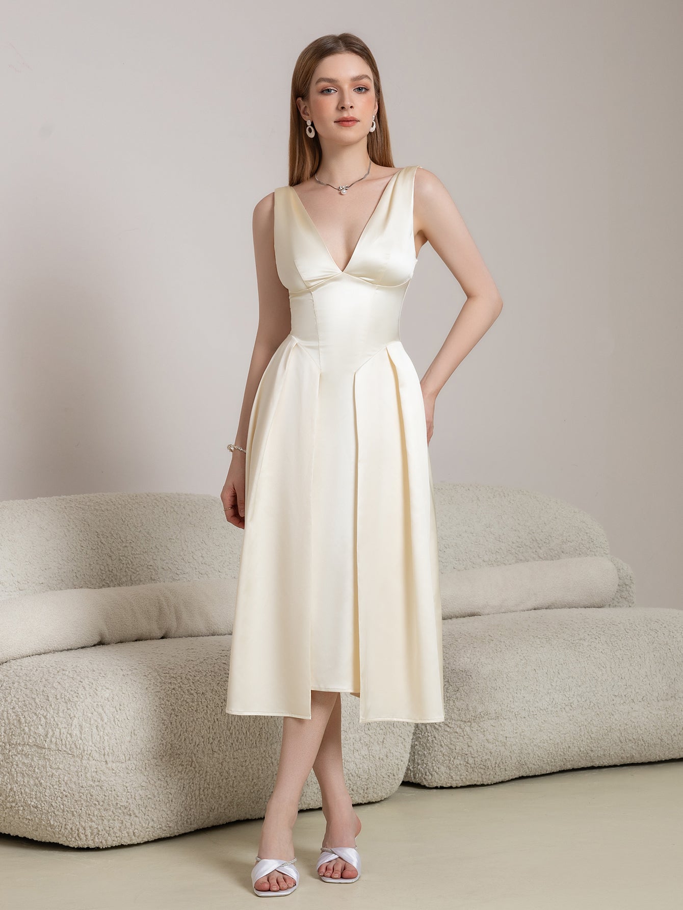Deep V-Neck Satin Prom Midi Dress - View 5