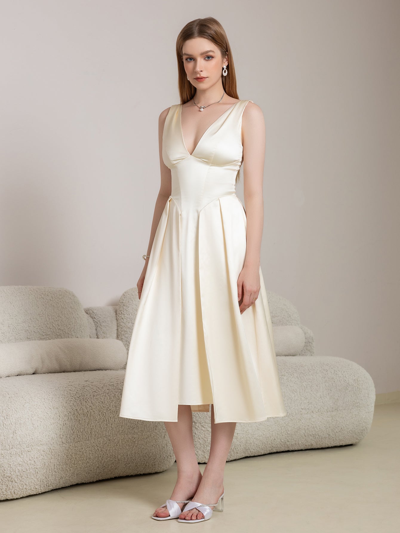 Deep V-Neck Satin Prom Midi Dress - View 4