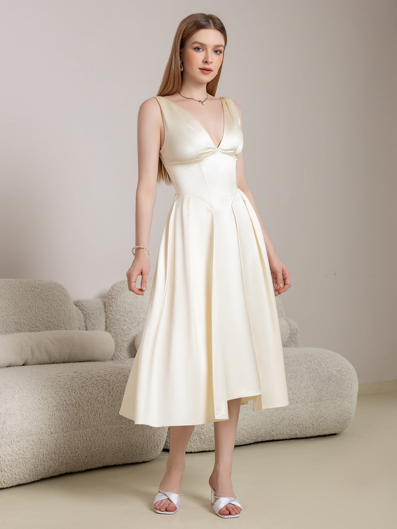 Deep V-Neck Satin Prom Midi Dress - View 3