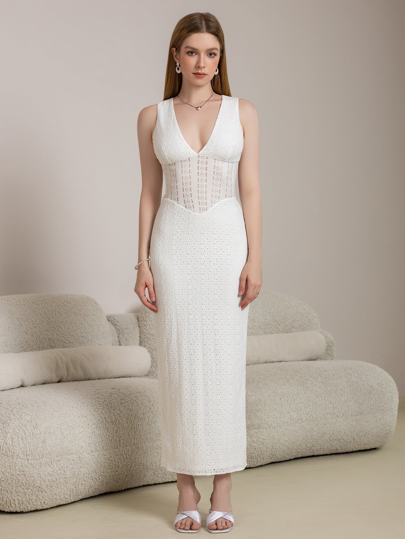 Deep V-Neck Split Thigh Jacquard Lace Dress - View 8