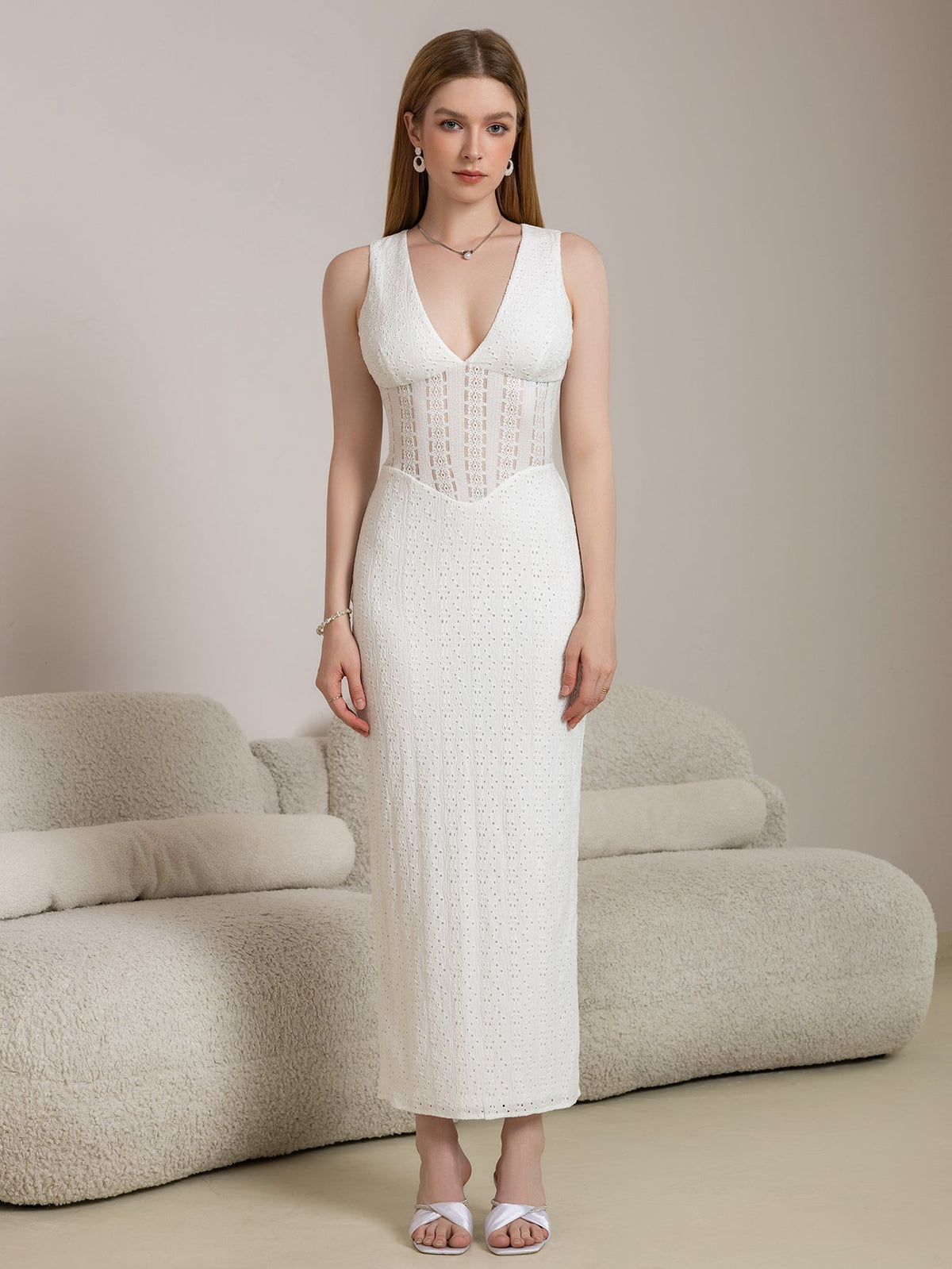 Deep V-Neck Sleeveless Eyelet Lace Corset Waist Bodycon Maxi Dress 8