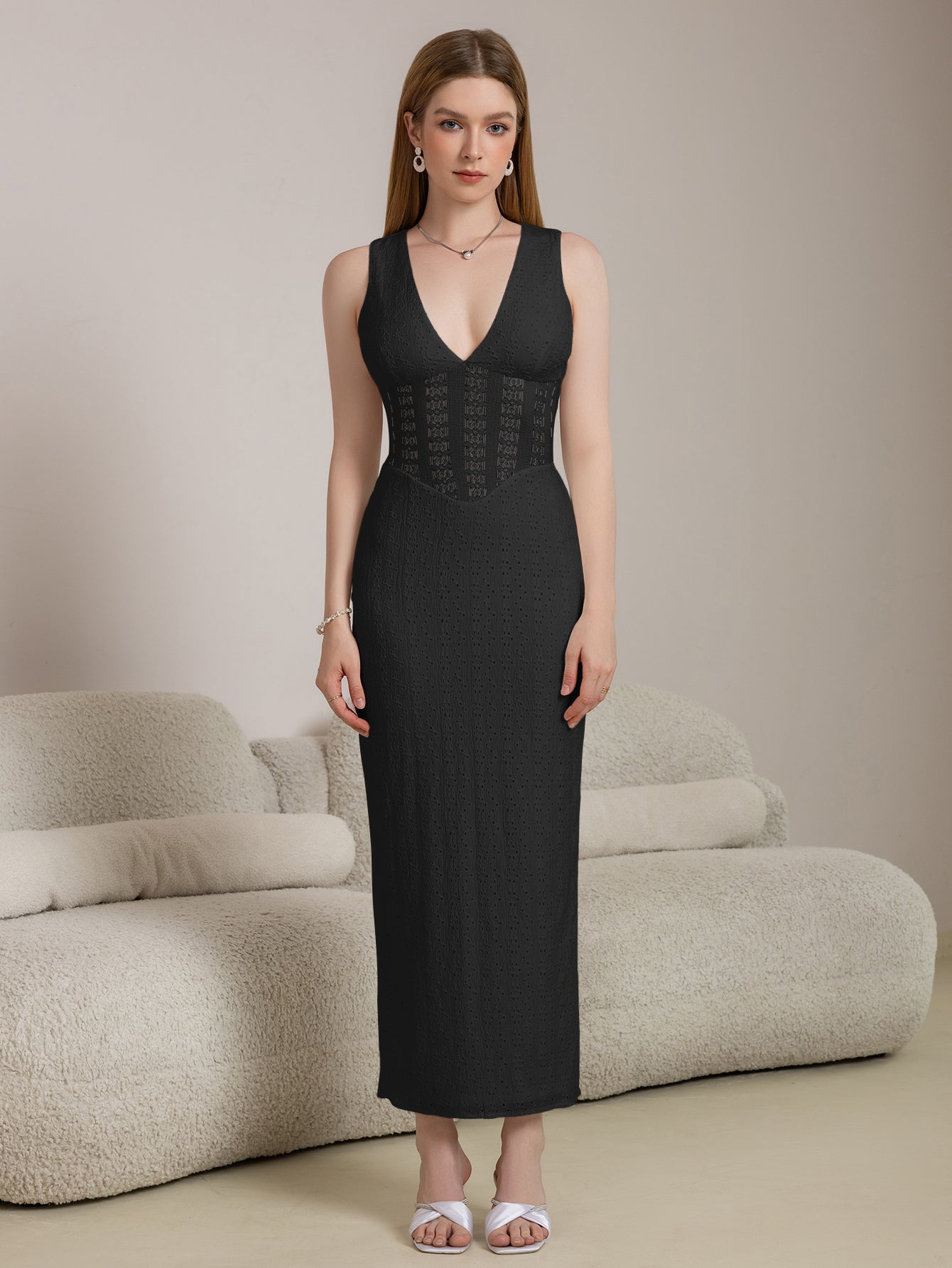 Deep V-Neck Split Thigh Jacquard Lace Dress - View 3