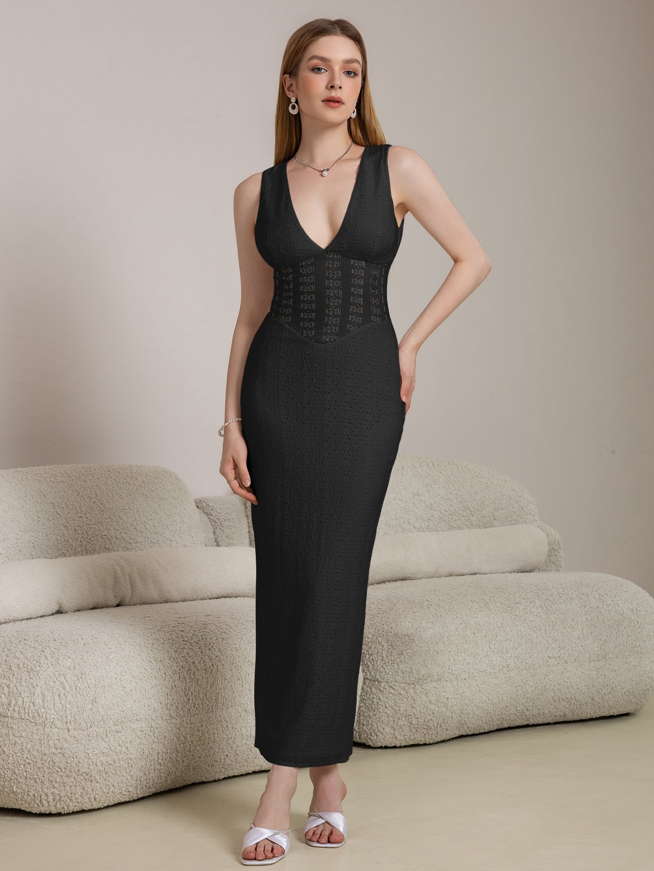 Deep V-Neck Split Thigh Jacquard Lace Dress - View 10