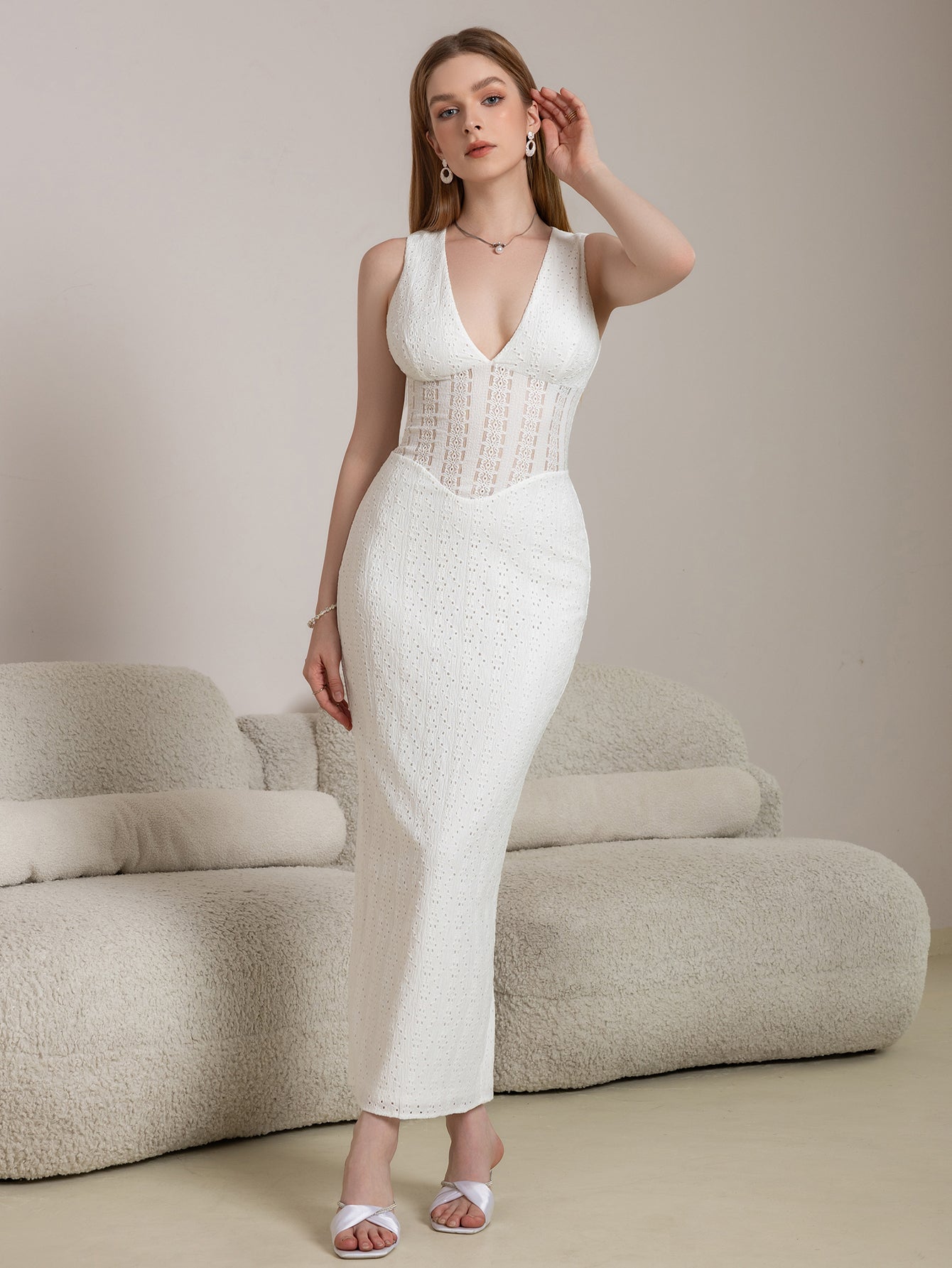 Deep V-Neck Split Thigh Jacquard Lace Dress - View 7