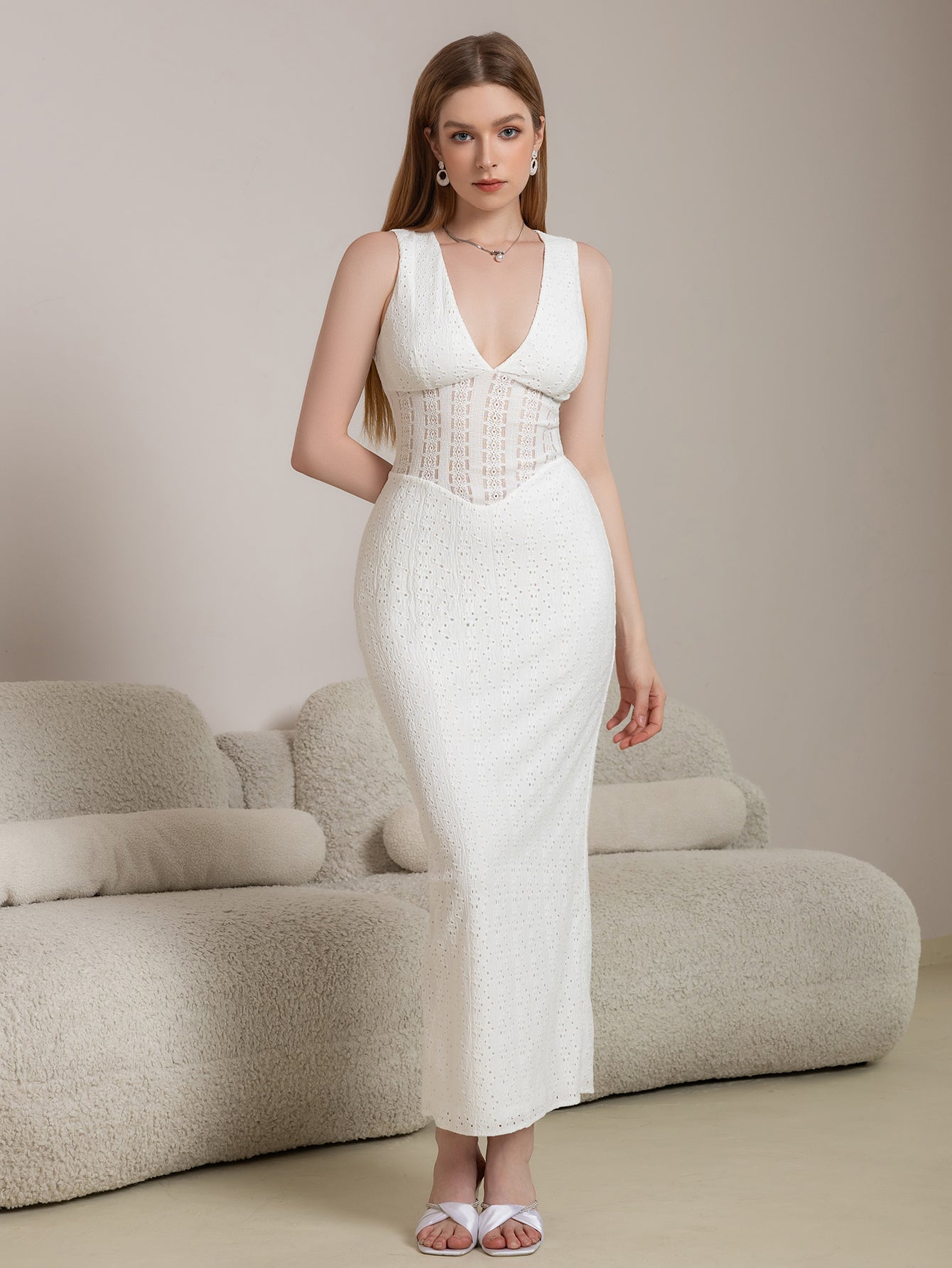 Deep V-Neck Split Thigh Jacquard Lace Dress - View 6