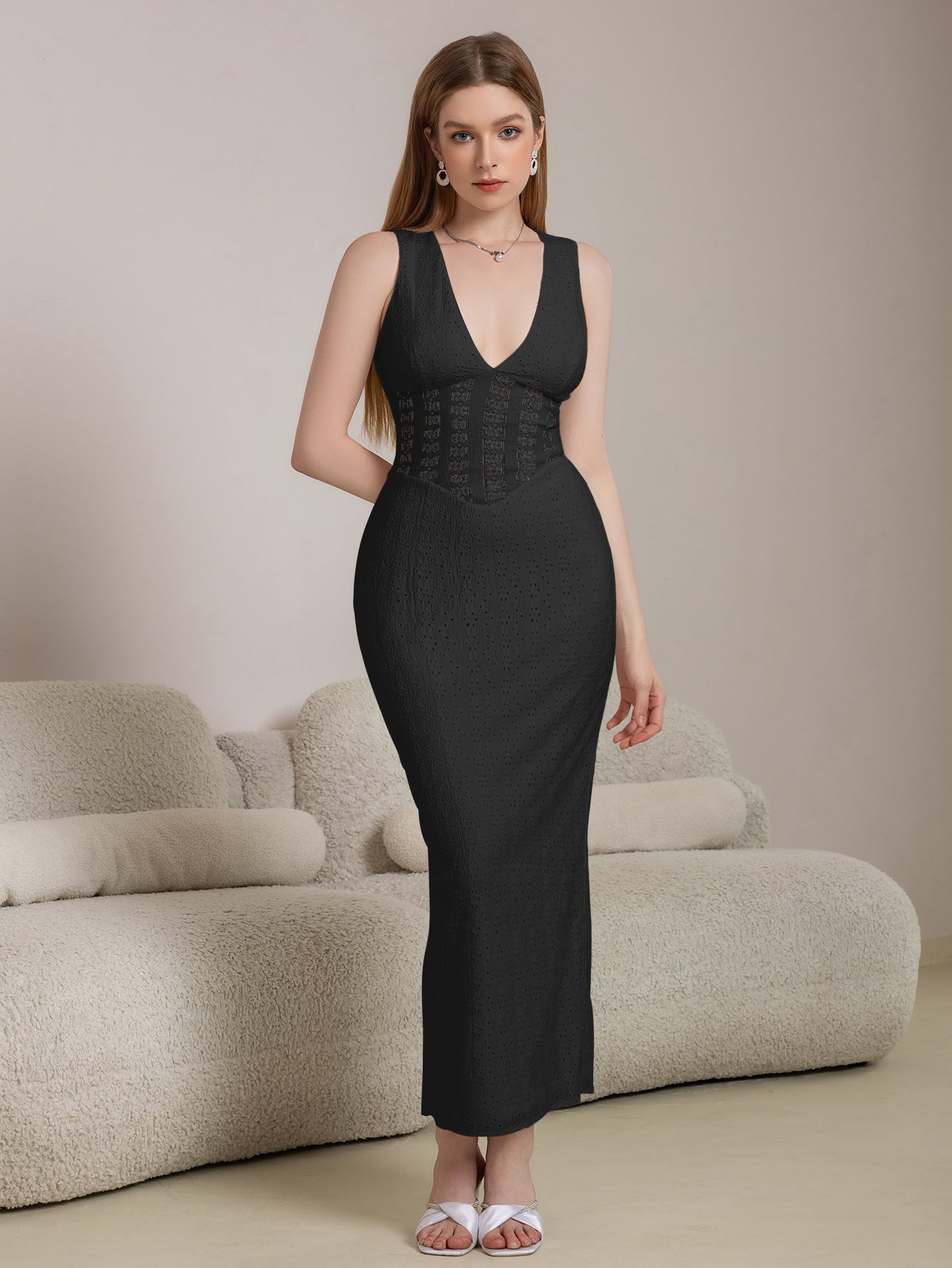 Deep V-Neck Split Thigh Jacquard Lace Dress - View 12
