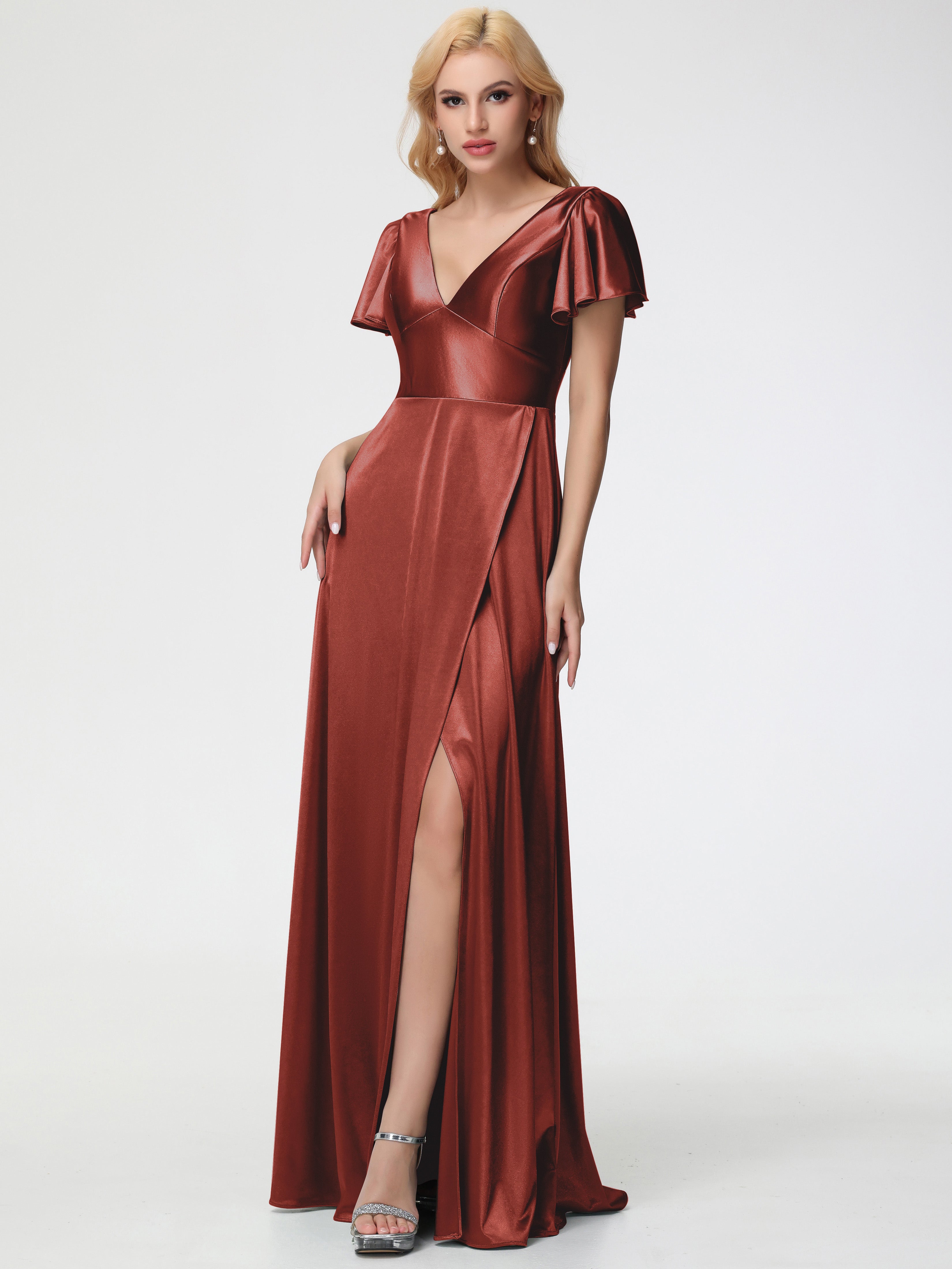 Rust Coloured Formal Dresses Deep V-Neck Short Sleeves Stretch Satin Formal Dress With Split