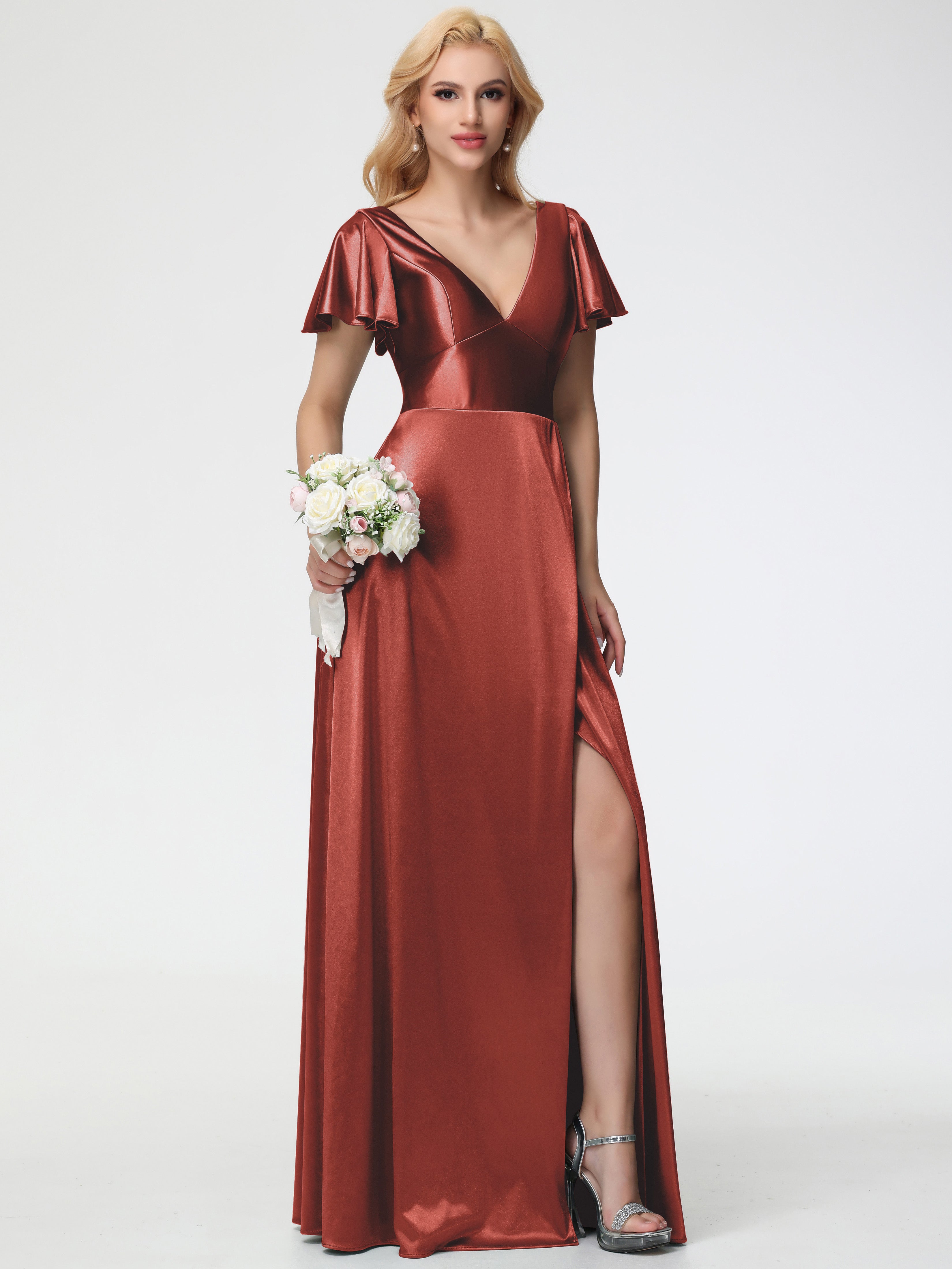 Rust Coloured Formal Dresses Deep V-Neck Short Sleeves Stretch Satin Formal Dress With Split