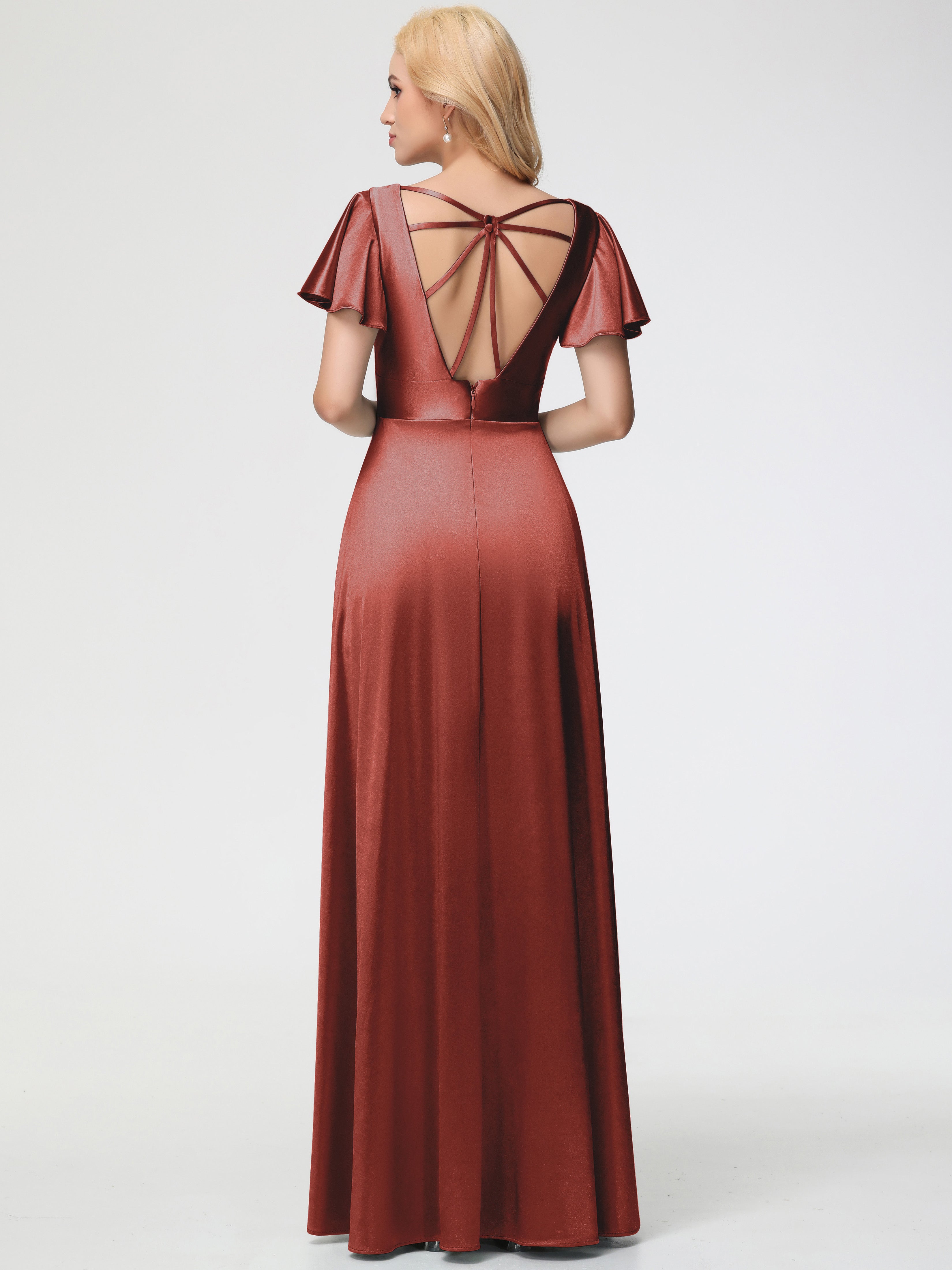 Rust Coloured Formal Dresses Deep V-Neck Short Sleeves Stretch Satin Formal Dress With Split