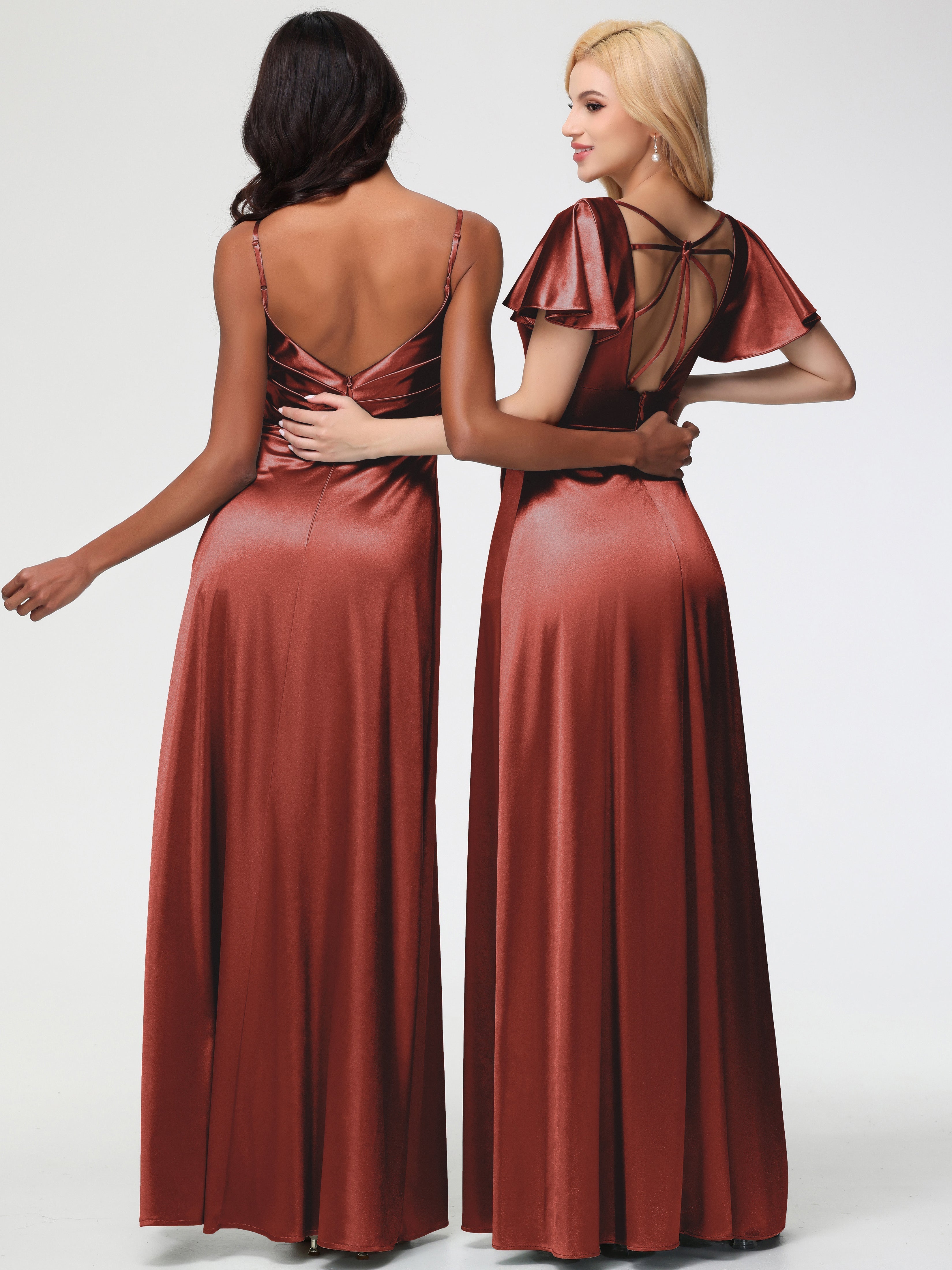 Rust Coloured Formal Dresses Deep V-Neck Short Sleeves Stretch Satin Formal Dress With Split