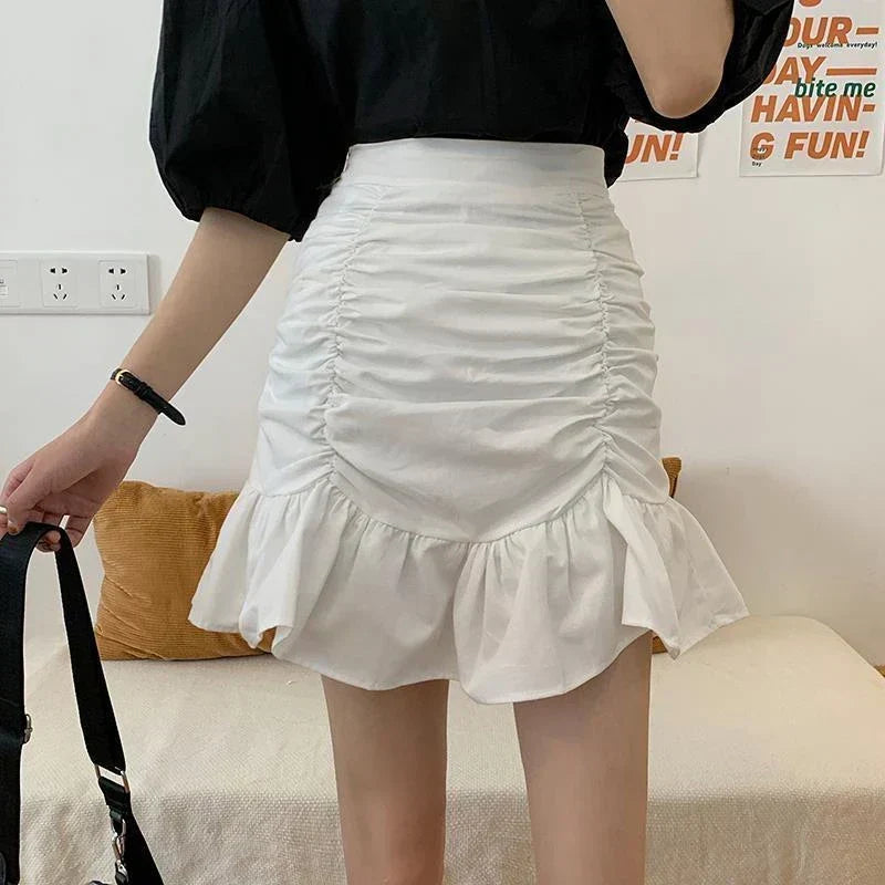 High Waist Ruched Front Ruffle Hem Bodycon Mini Skirt