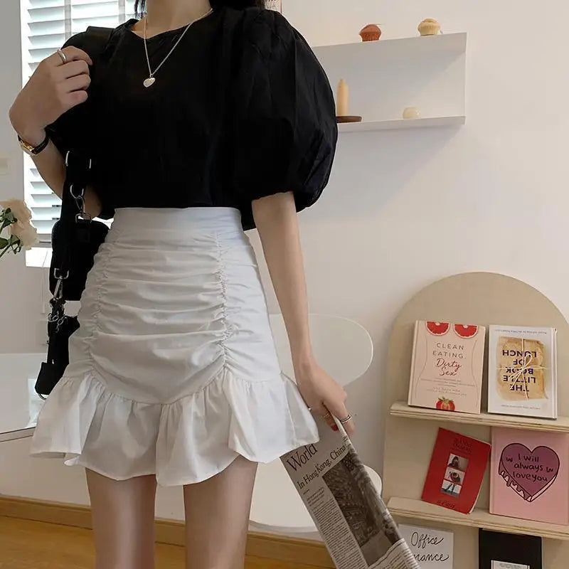 High Waist Ruched Front Ruffle Hem Bodycon Mini Skirt 3