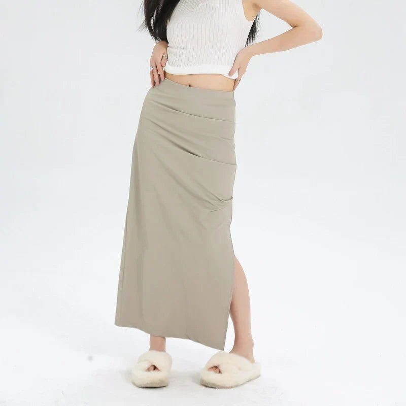 Slit Pleated Solid Long Skirt Vintage Korean Casual Apricot / S