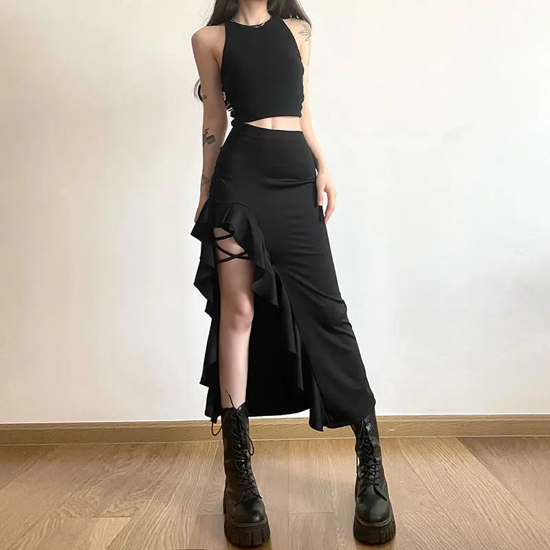 High Waist Ruffle Side Slit Lace Up Mermaid Midi Skirt 2