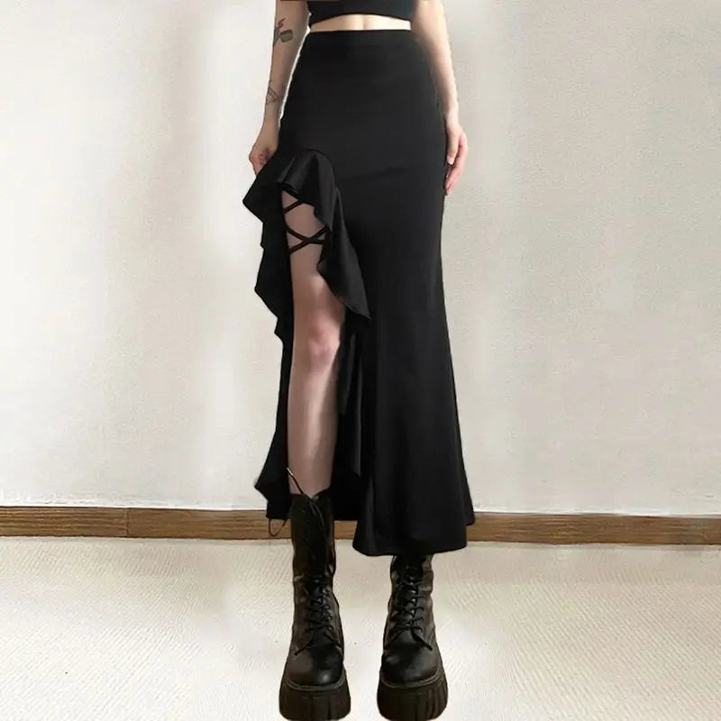 High Waist Ruffle Side Slit Lace Up Mermaid Midi Skirt