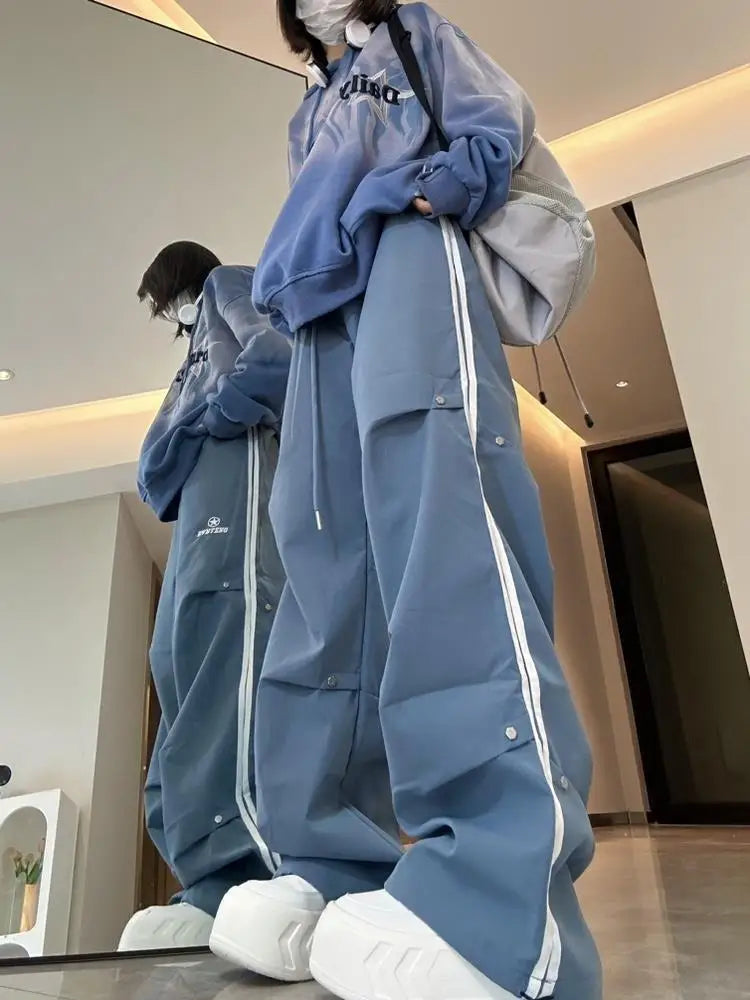 Side Stripe Snap Button Drawstring Waist Wide Leg Track Pants 6