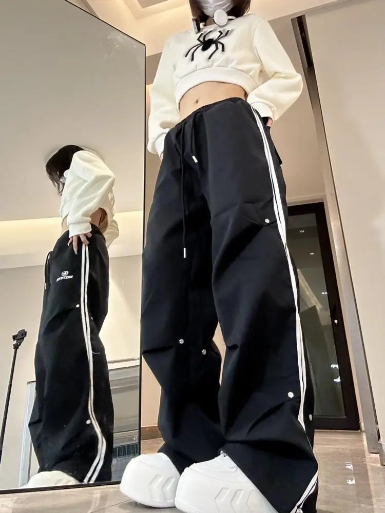 Side Stripe Snap Button Drawstring Waist Wide Leg Track Pants 5