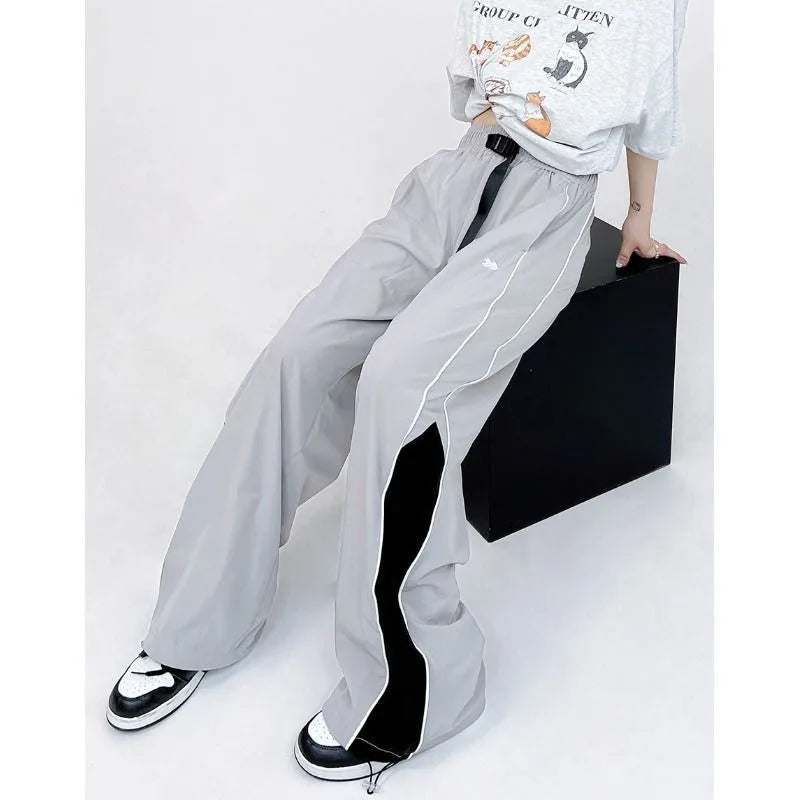 Buckle Belt Contrast Side Panel Piping Wide Leg Track Pants