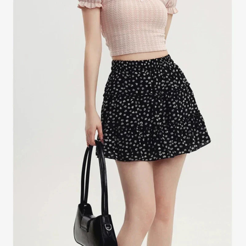 Patchwork Floral Pleated Denim Mini Skort