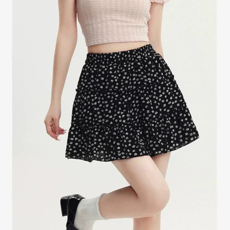 Patchwork Floral Pleated Denim Mini Skort