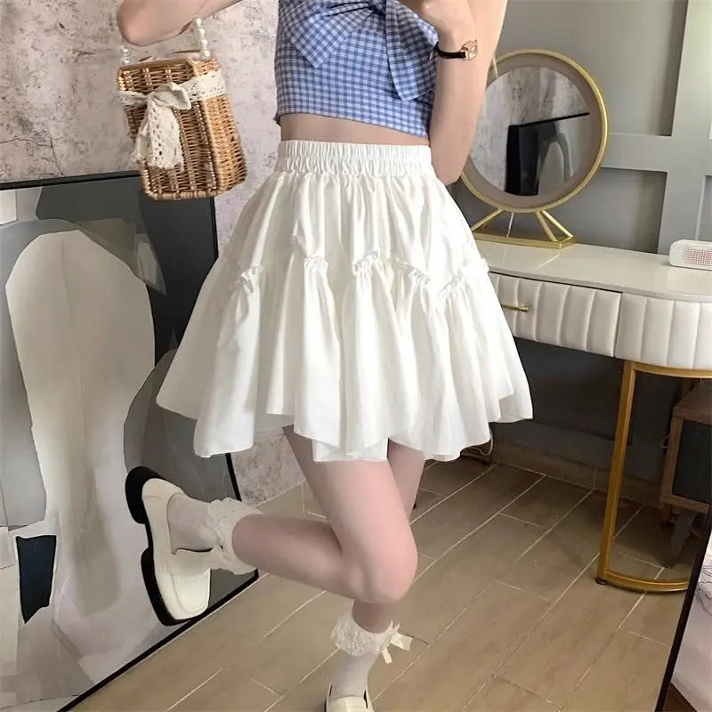 Elastic High Waist Ruffle Trim Tiered Flared Mini Skirt