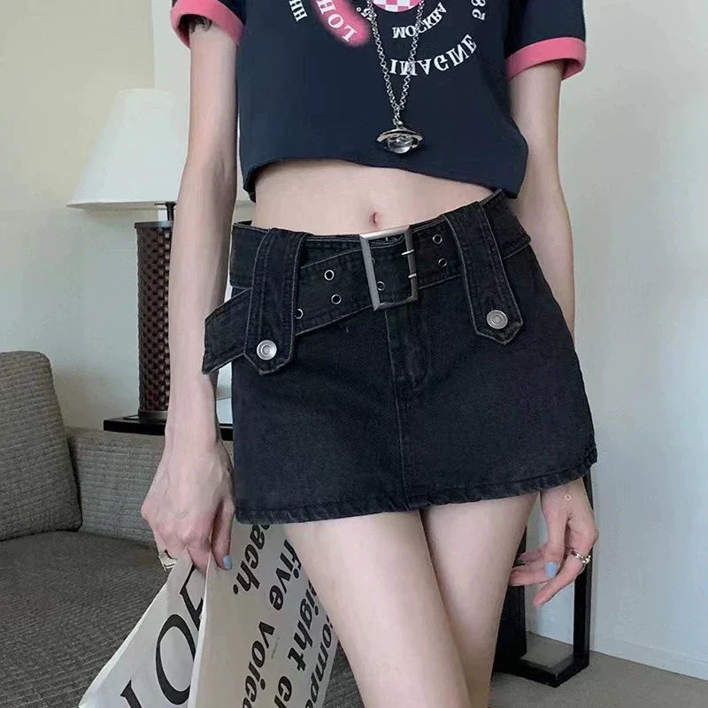 High-Waist Vintage Washed Pleated Denim Mini Skort