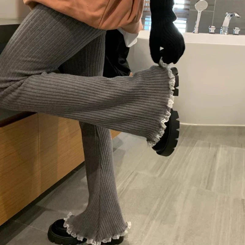 Gray Lace Flare Women Knit Pants