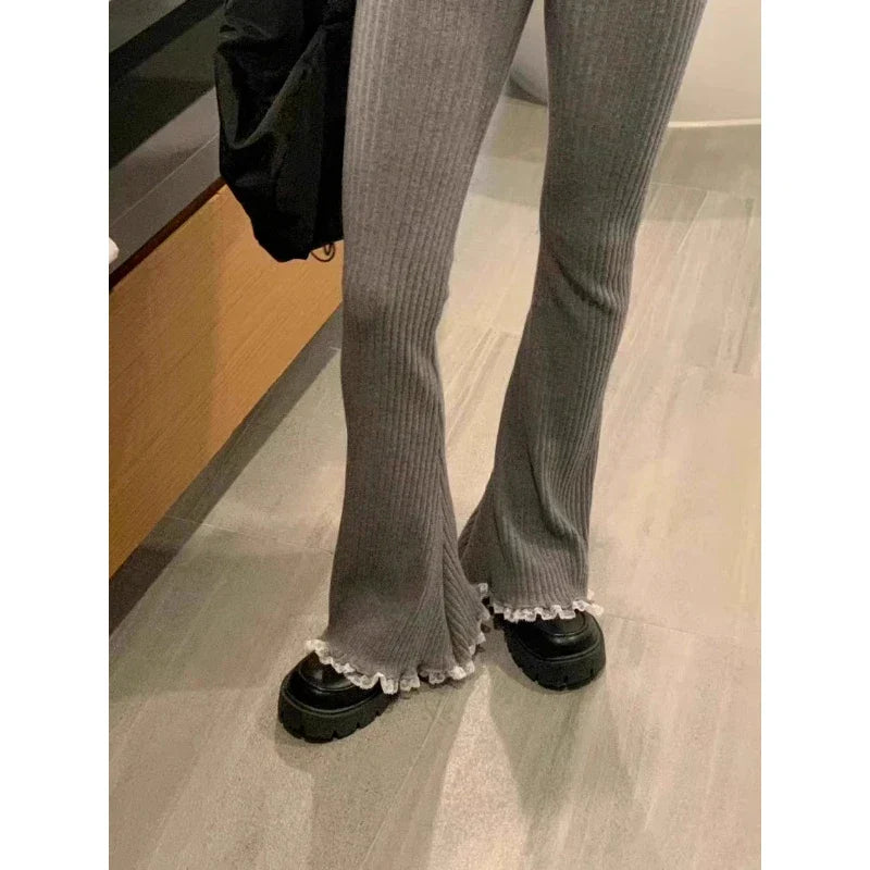Gray Lace Flare Women Casual Knit Pants Gray / S