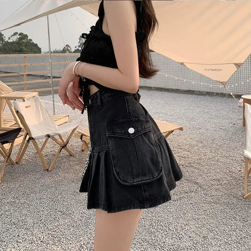 Vintage Washed Patchwork Pleated Denim Mini Skort