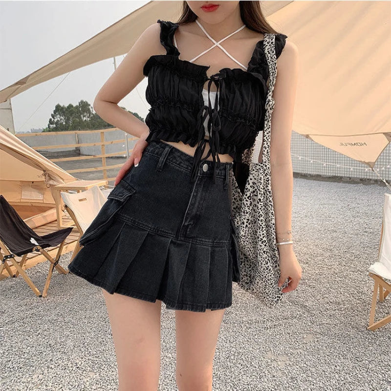 Vintage Washed Patchwork Pleated Denim Mini Skort