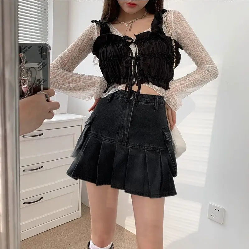 Vintage Washed Patchwork Pleated Denim Mini Skort