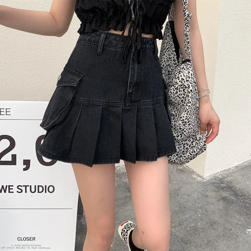 Vintage Washed Patchwork Pleated Denim Mini Skort