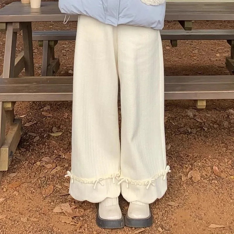 Bow Lace Corduroy Wide Leg Pants