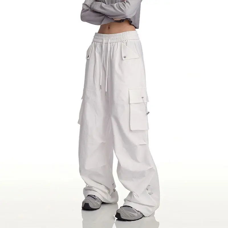 Elastic Drawstring Waist Flap Pocket Wide Leg Cargo Pants 7