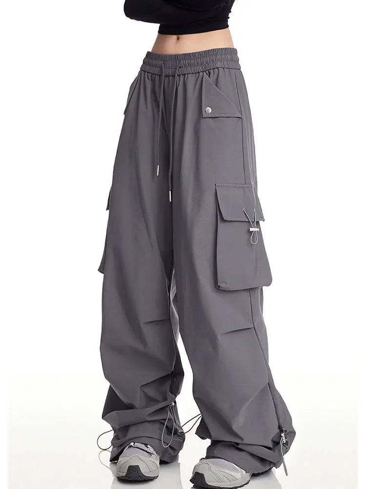 Elastic Drawstring Waist Flap Pocket Wide Leg Cargo Pants 9