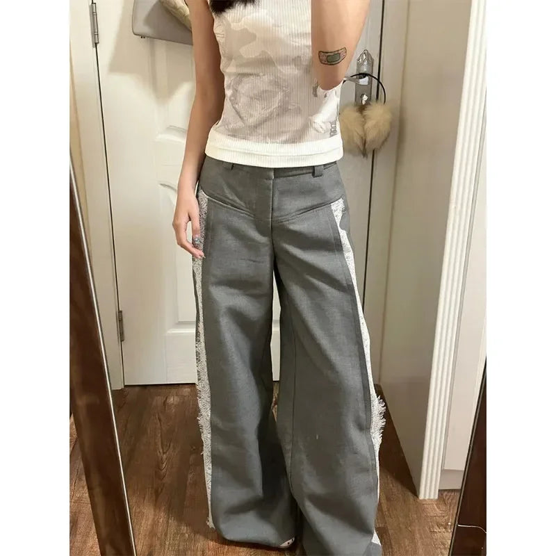 Lace Trim Side Seam Low Rise Wide Leg Trousers 2