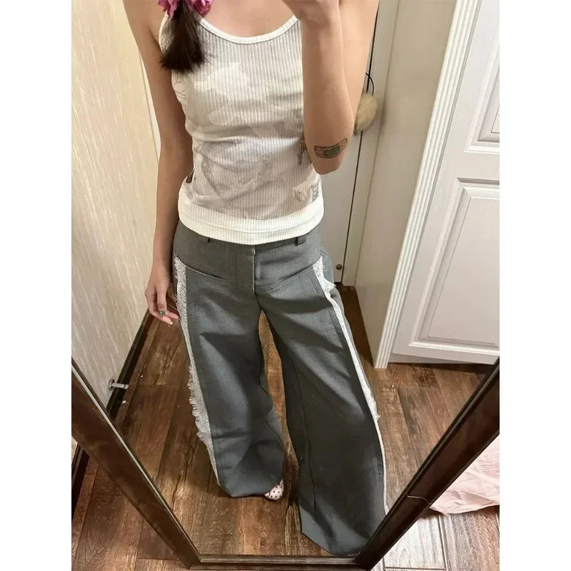 Lace Trim Side Seam Low Rise Wide Leg Trousers 3