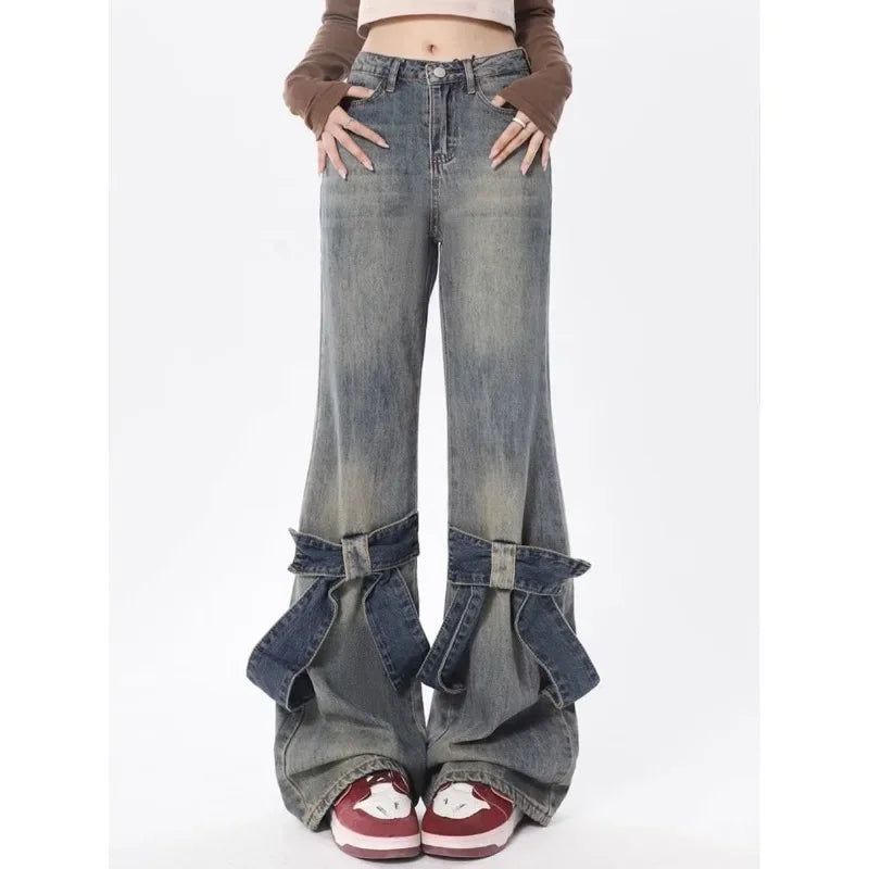 Washed Denim Bow Knee Detail Flare Leg Jeans
