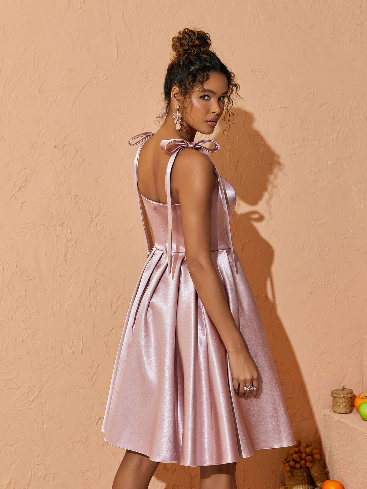 Satin Square Neck Tie Shoulder Bow Pleated Fit and Flare Midi Dress