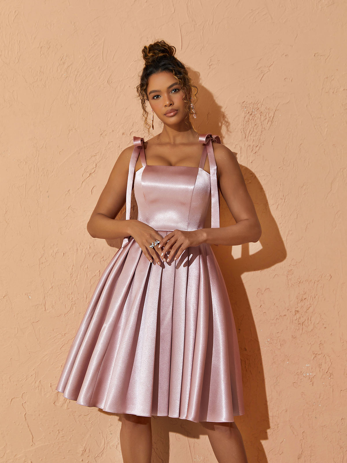 Satin Square Neck Tie Shoulder Bow Pleated Fit and Flare Midi Dress