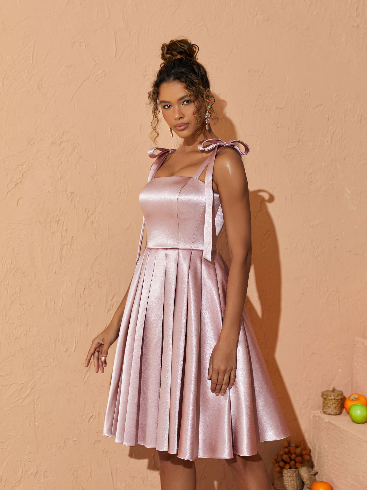Satin Square Neck Tie Shoulder Bow Pleated Fit and Flare Midi Dress