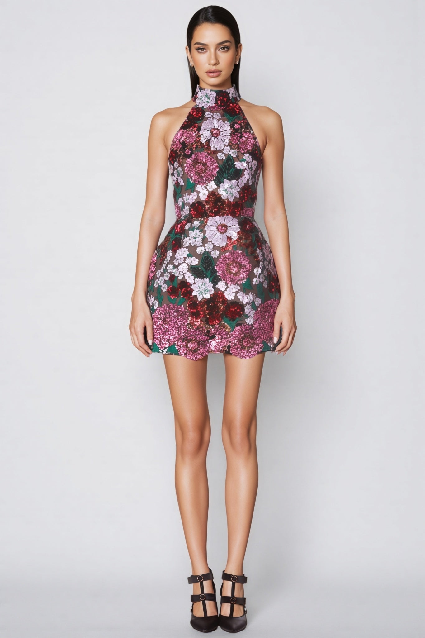 Sequin Floral Halter Neck Fit and Flare Mini Dress