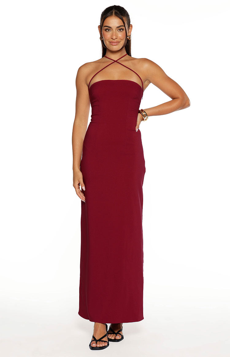 Crepe Cross Halter Neck Strapless Column Formal Maxi Dress 2